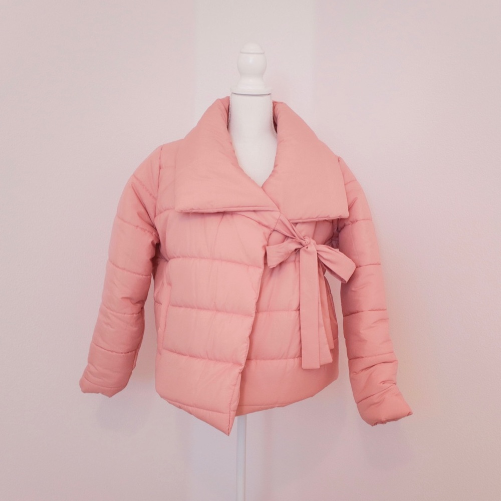 Marshmallow pink bow puffer jacket